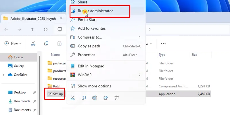 chuột phải file setup và chọn run as admin